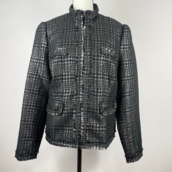 Apart Black & Sparkly Silver Tweed Fringe Zip Front Chain Detail Jacket - 12 NWT - Picture 2 of 16